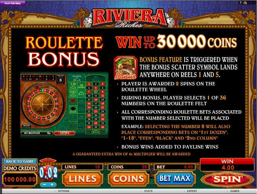 Riviera Riches Roulette Bonus Feature