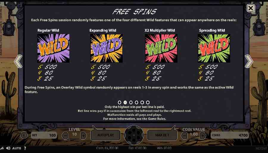 Wild Wild West Free Spins Paytable