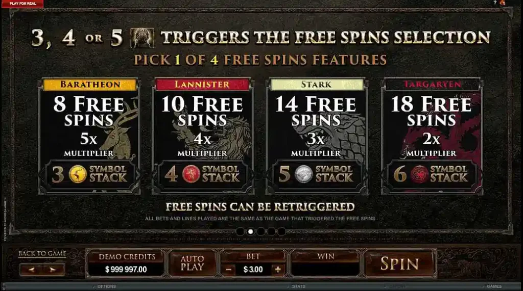 Game of thrones free Spins Triggers Screenshot