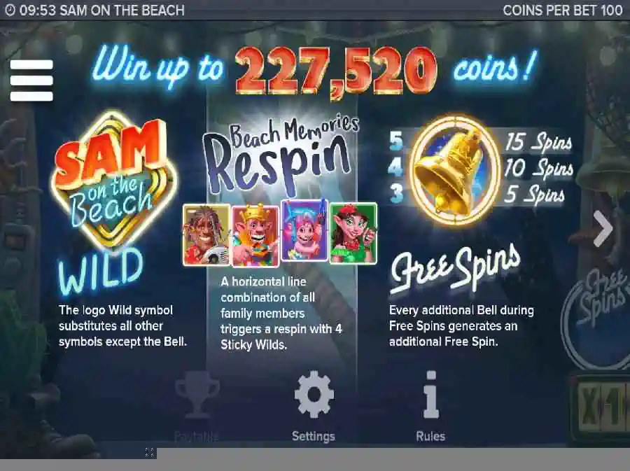 Sam On The Beach Free Spins Screen