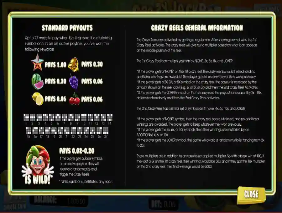 Crazy Jackpot 60,000 Symbols Pay table