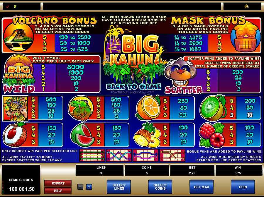 Big Kahuna Symbols Paytable
