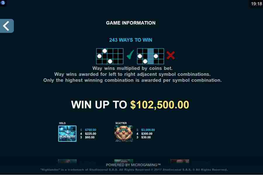 Highlander 243 Ways Paytable Screenshot
