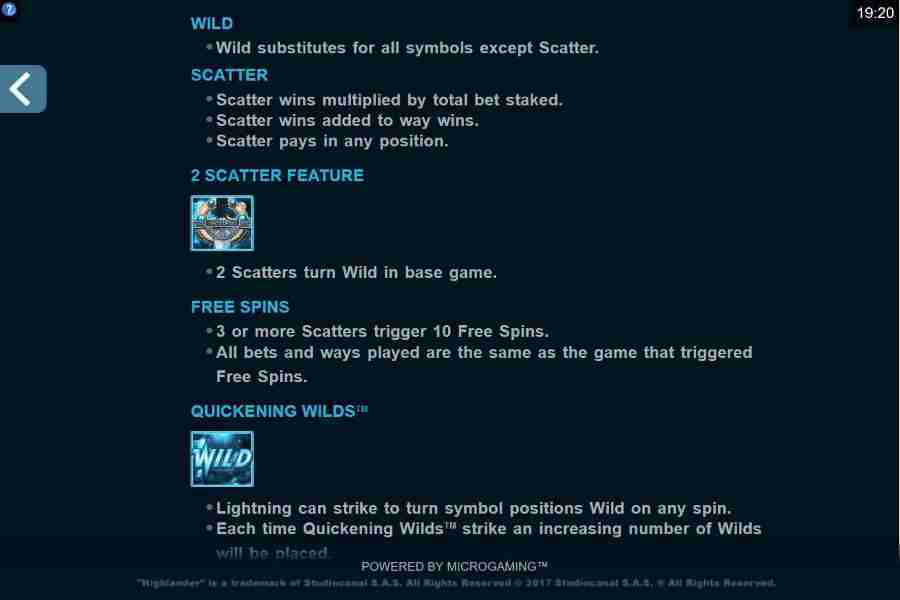 Highlander Bonus Symbols Paytable Screenshot
