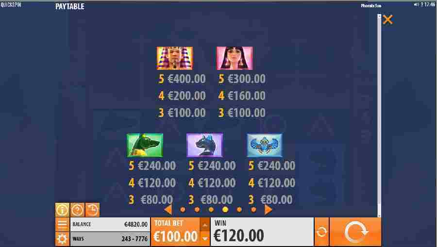 Phoenix Sun Symbol Pay table