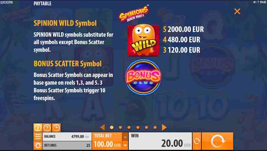 Spinions Beach Party Bonus Symbols Paytable