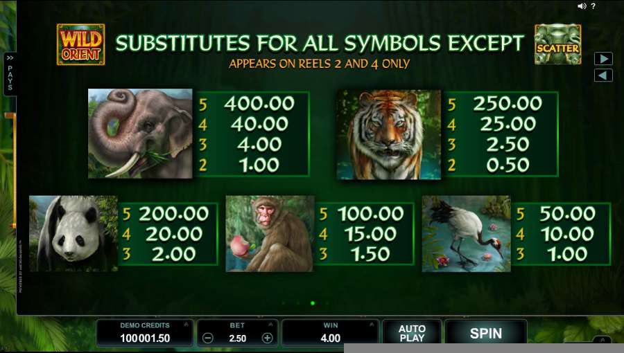 Wild Orient Symbols Paytable