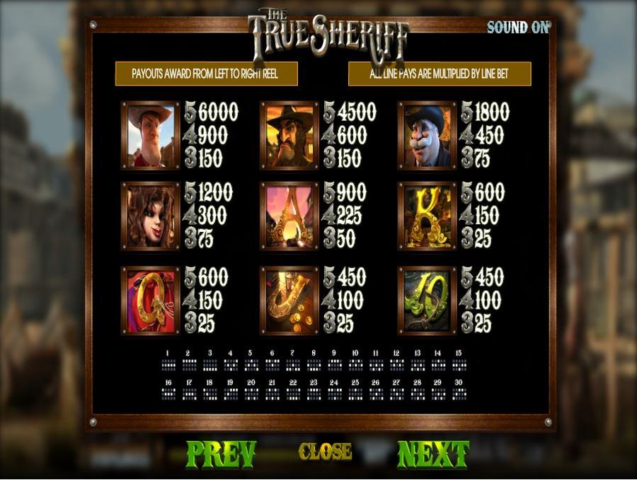 The True Sheriff Symbols Pay Table