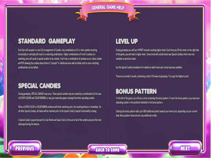 SugarPop General Help Screen