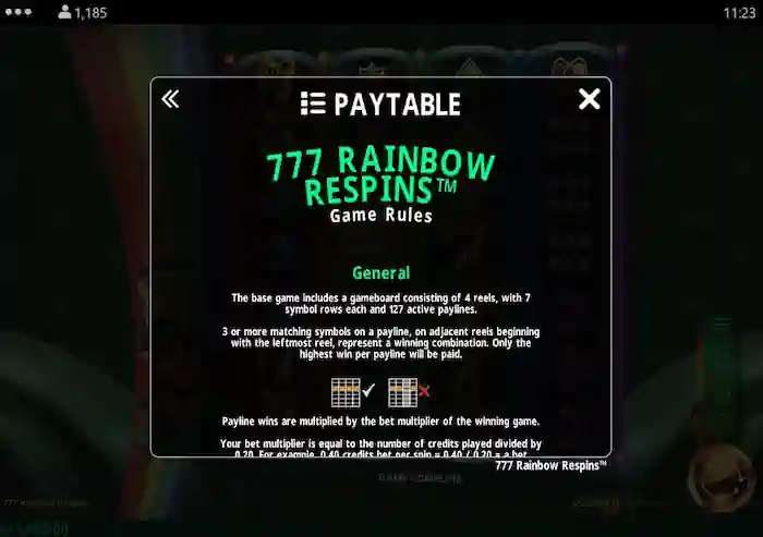 777 rainbow respins paytable