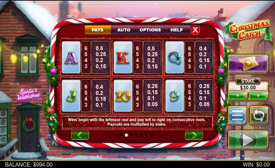 Christmas Catch Cards Paytable