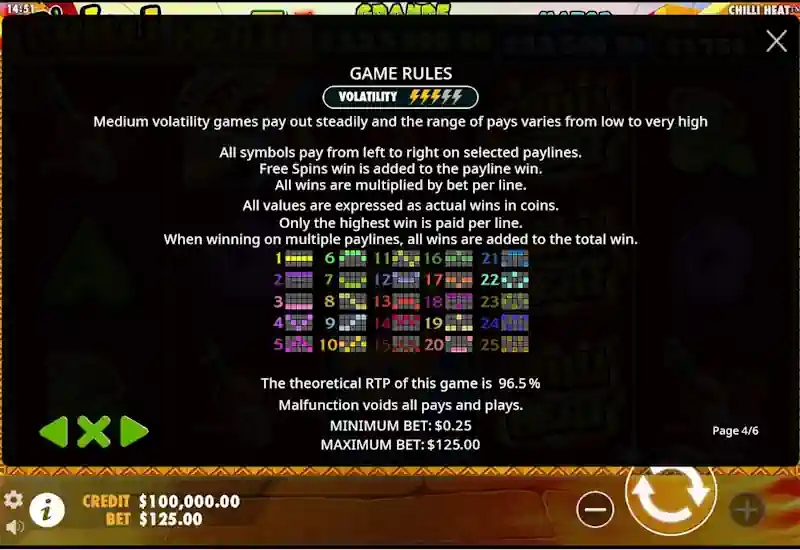 Chilli Heat Pay Table Screenshot